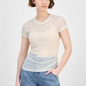 NWT Bar III Women's Lace Short-Sleeve Crewneck Tee. SIZE S. Cream color/Fitted.